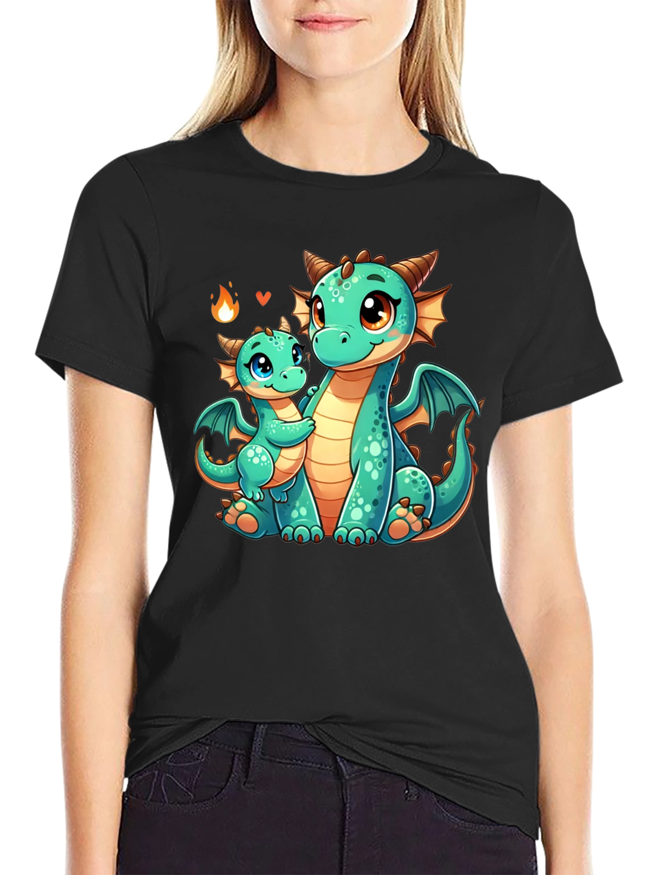 Cute Dragon Family Graphic Tee - Black