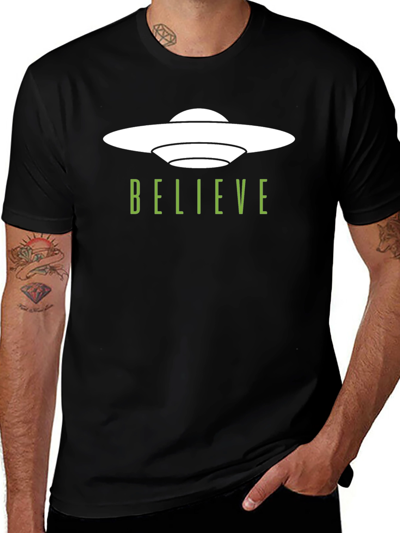 Believe UFO Graphic Tee - Trendy Black T-Shirt