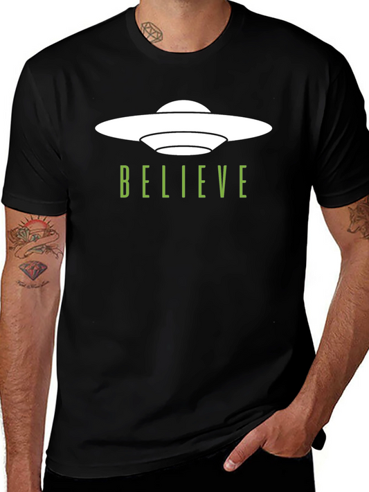 Believe UFO Graphic Tee - Trendy Black T-Shirt
