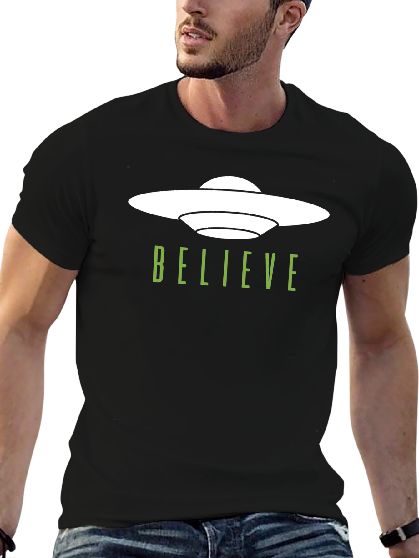 Believe UFO Graphic Tee - Trendy Black T-Shirt