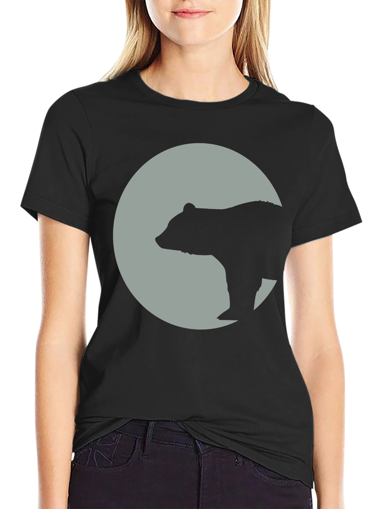 Bear Silhouette Moon Graphic Tee - Black Cotton Blend