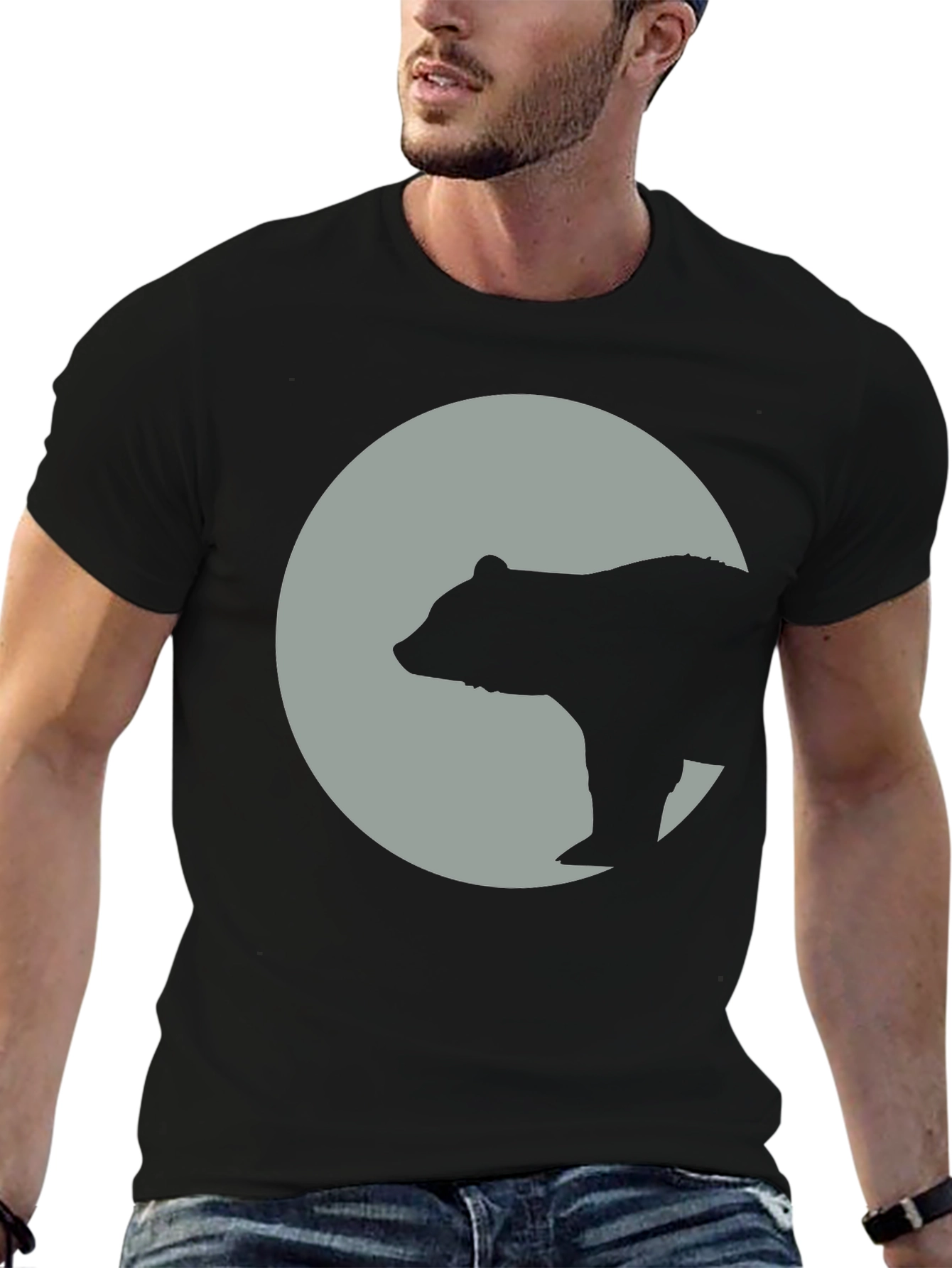 Bear Silhouette Moon Graphic Tee - Black Cotton Blend
