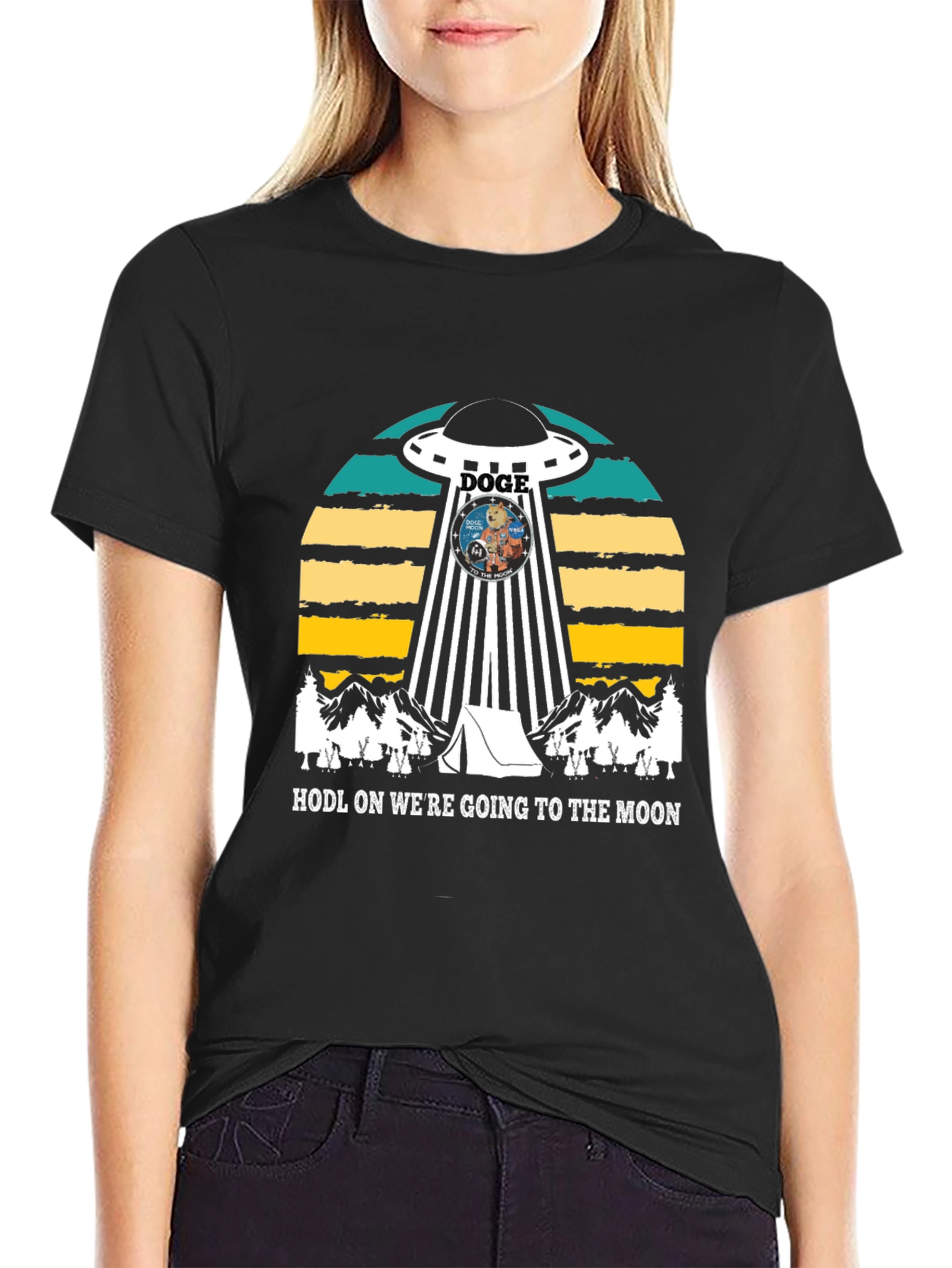 Doge UFO Black T-Shirt - HODL to the Moon