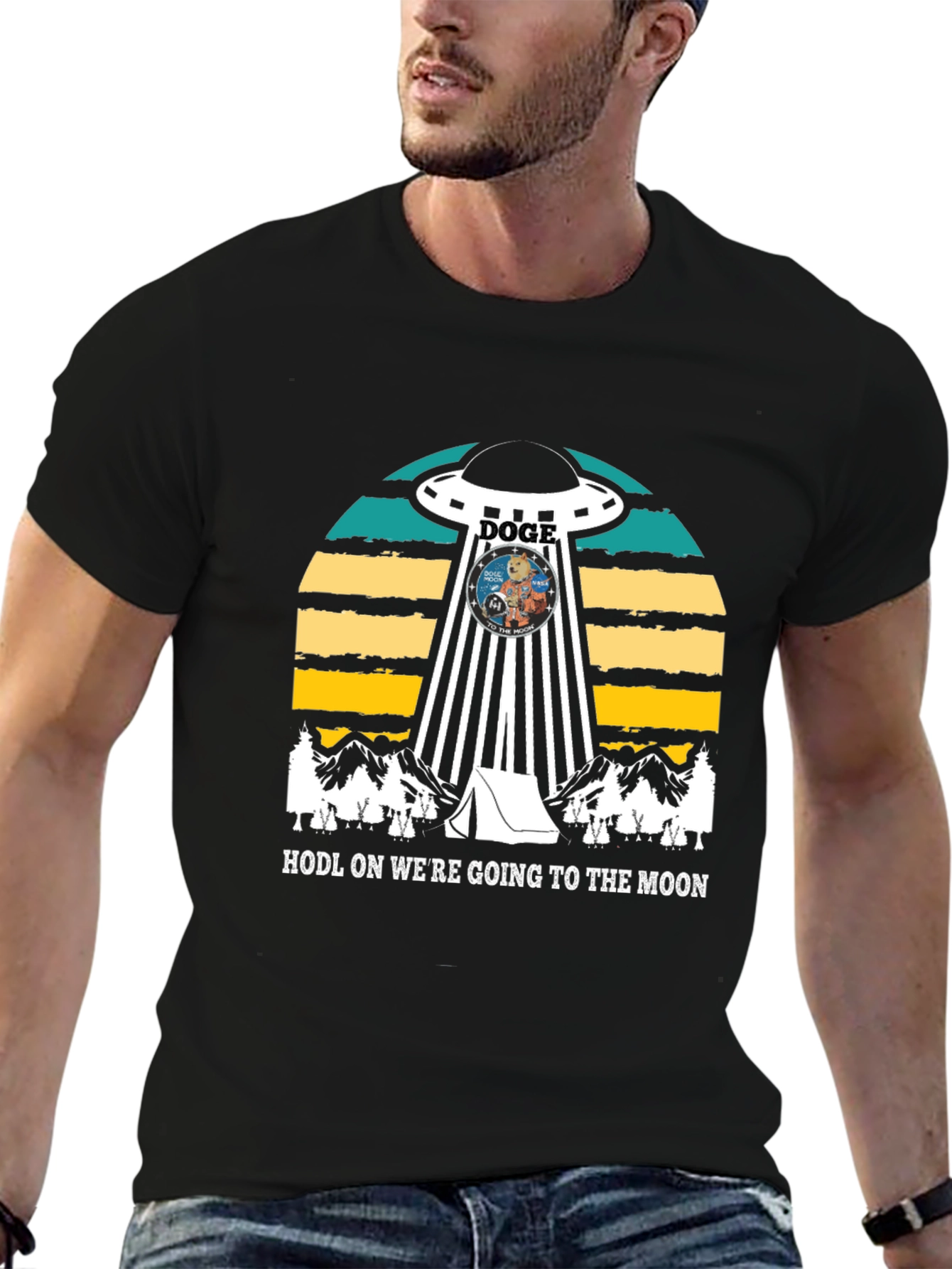 Doge UFO Black T-Shirt - HODL to the Moon