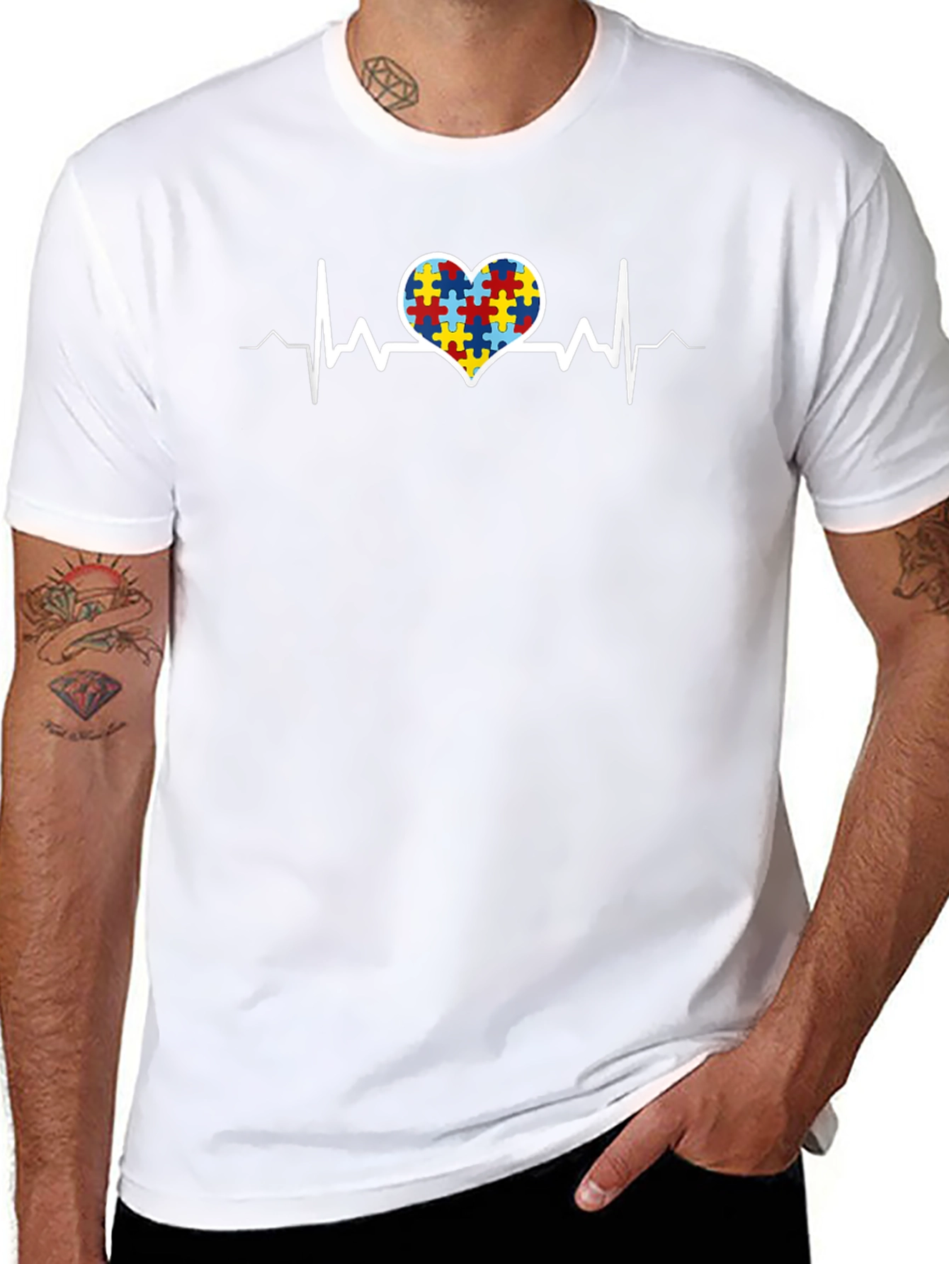Autism Awareness Heartbeat T-Shirt - Puzzle Design