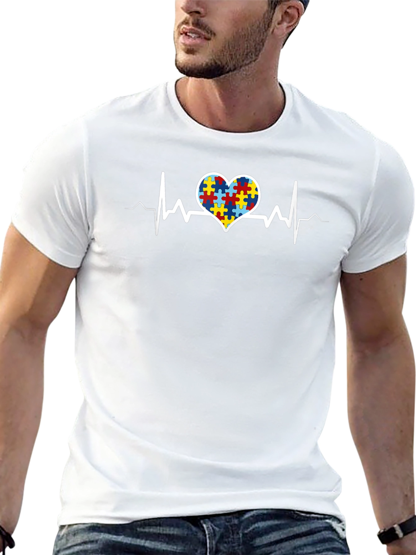 Autism Awareness Heartbeat T-Shirt - Puzzle Design