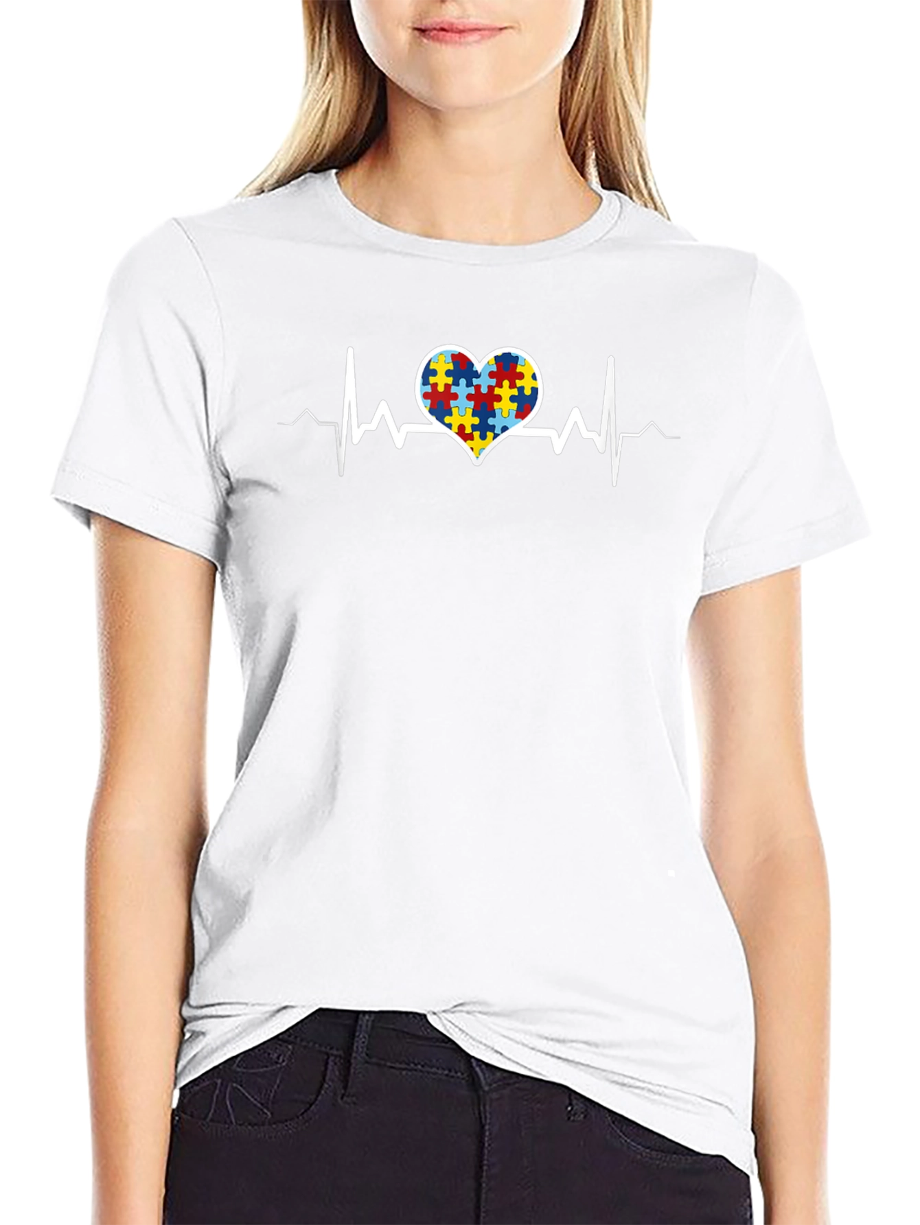 Autism Awareness Heartbeat T-Shirt - Puzzle Design