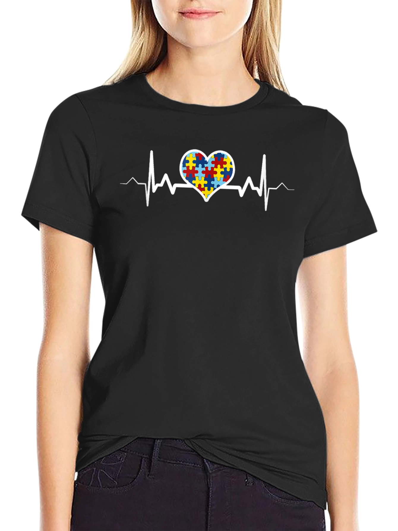 Autism Awareness Heartbeat T-Shirt - Puzzle Design