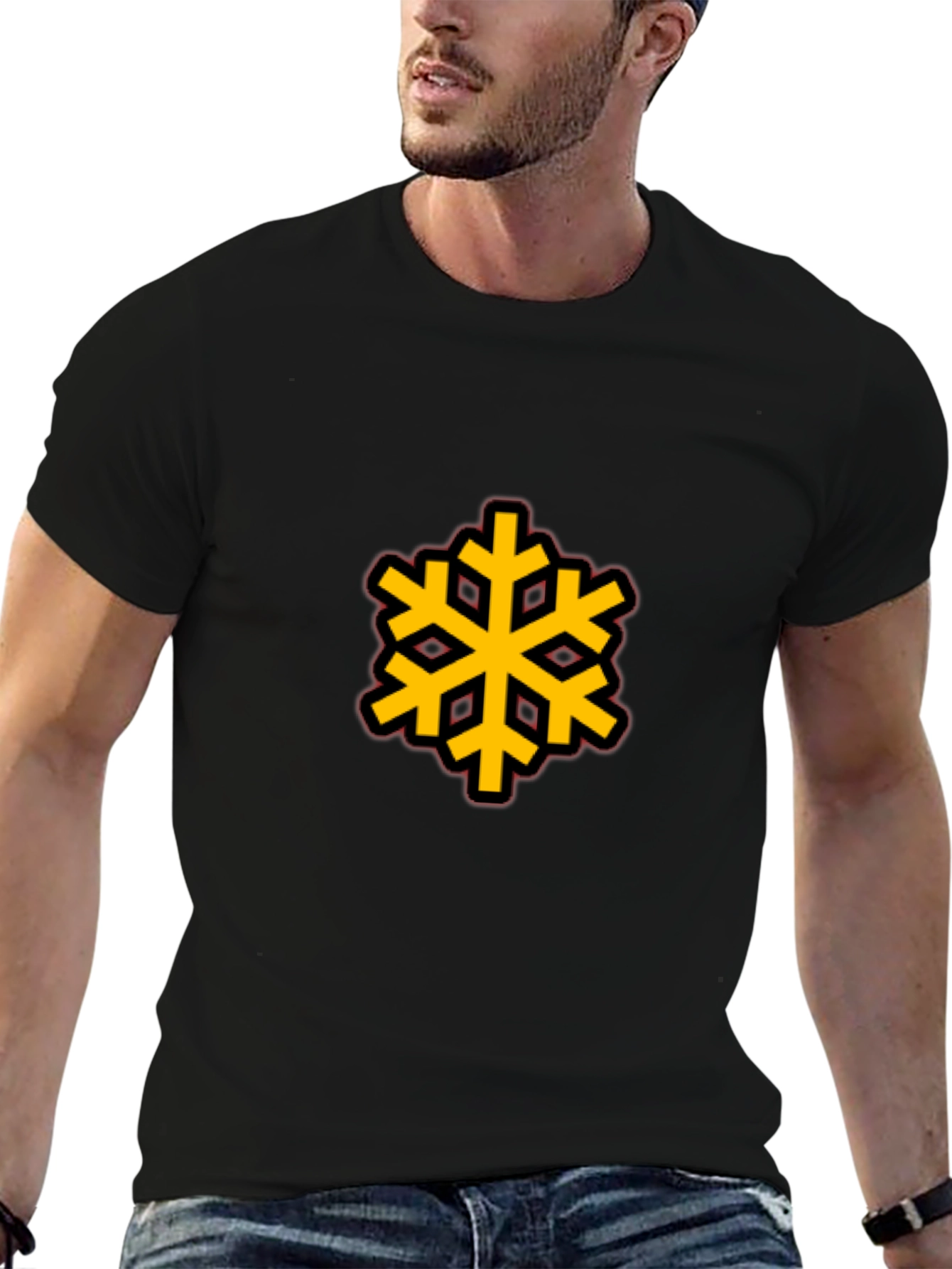 Black Tee with Bold Geometric Snowflake Design