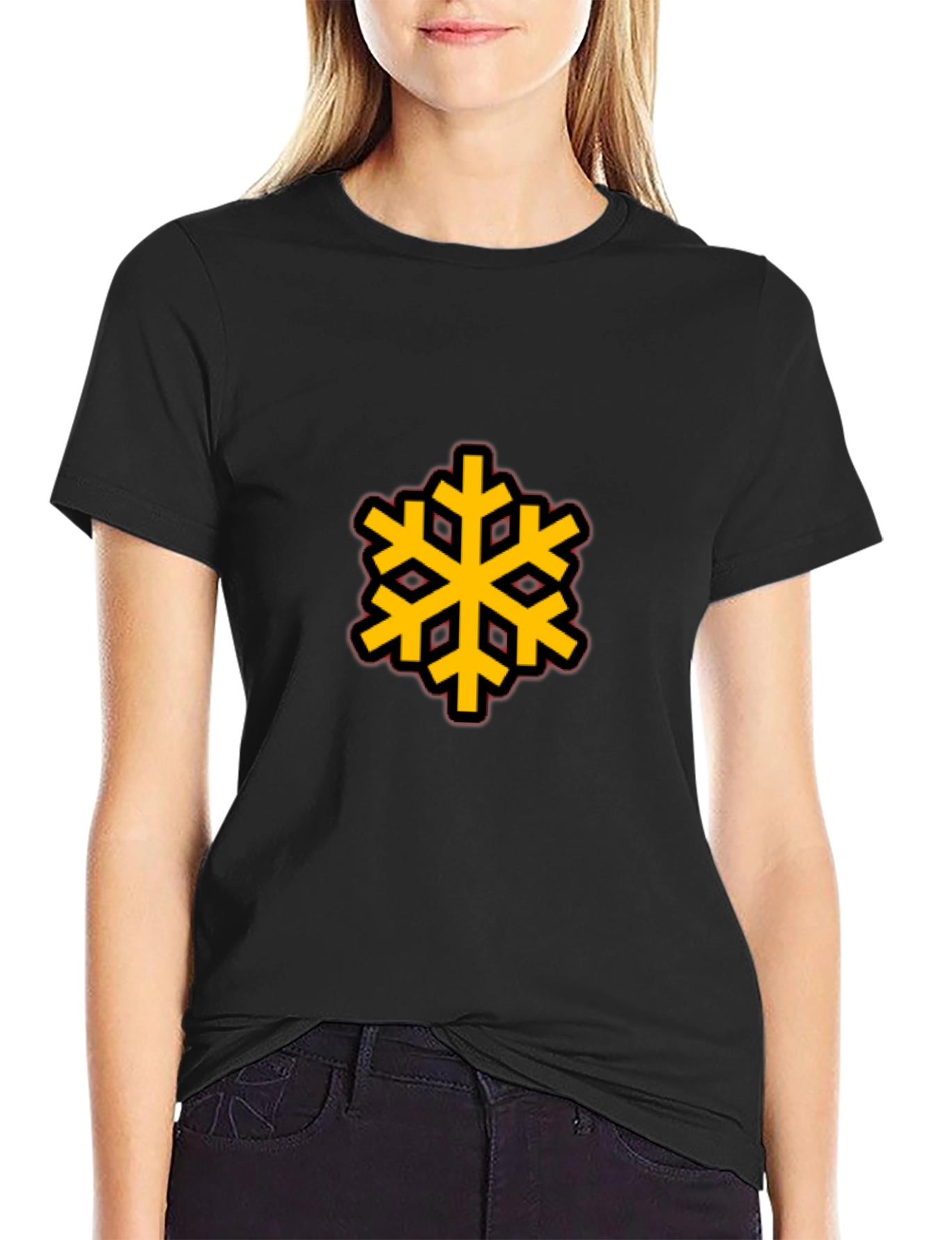 Black Tee with Bold Geometric Snowflake Design