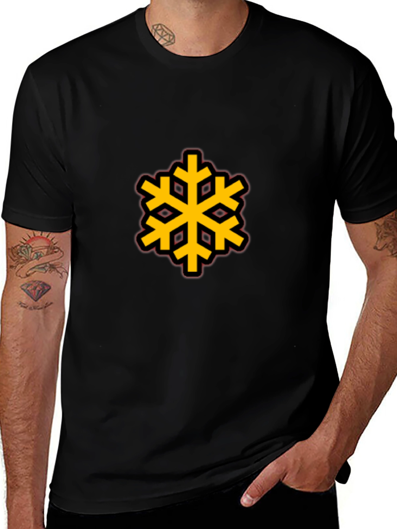 Black Tee with Bold Geometric Snowflake Design