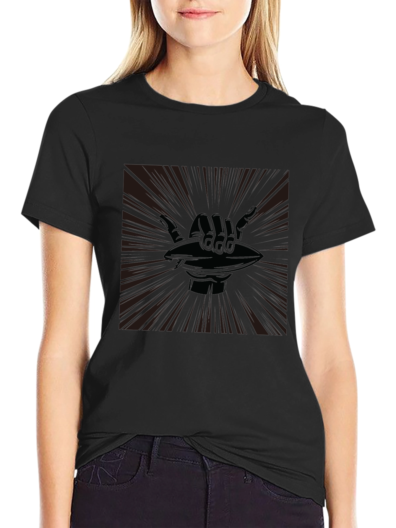 Shaka Hand Football Graphic Tee - Casual Black T-Shirt