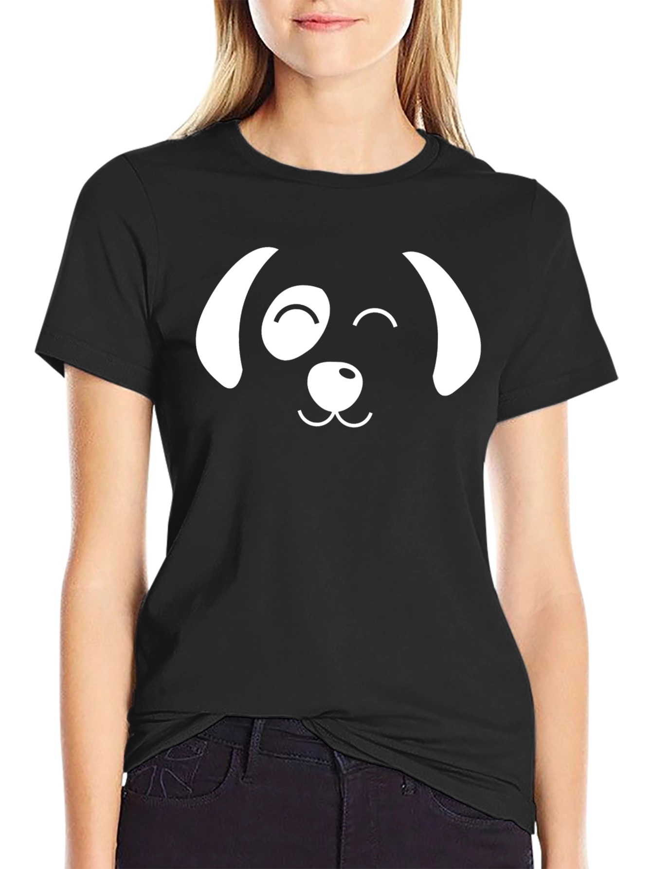 Dog Face Graphic T-Shirt - Black Casual Cotton Tee