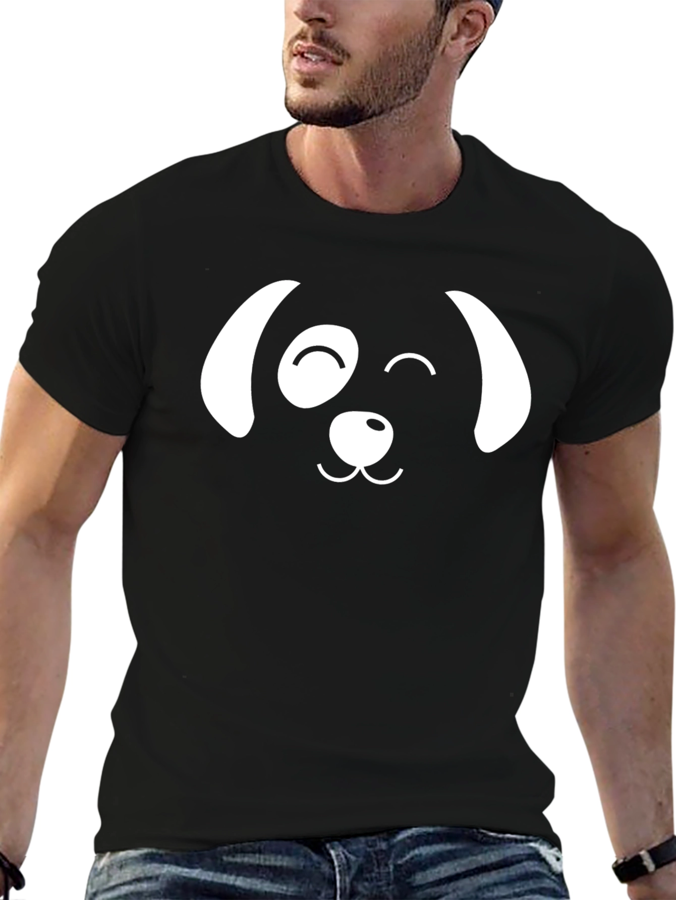 Dog Face Graphic T-Shirt - Black Casual Cotton Tee