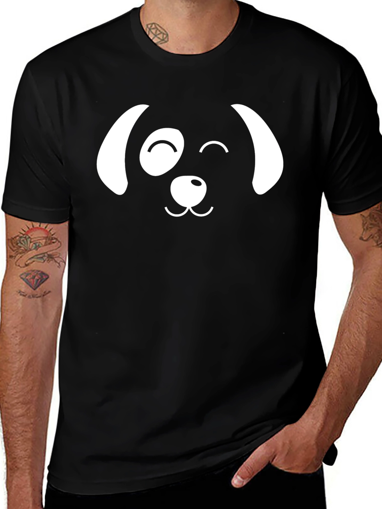 Dog Face Graphic T-Shirt - Black Casual Cotton Tee