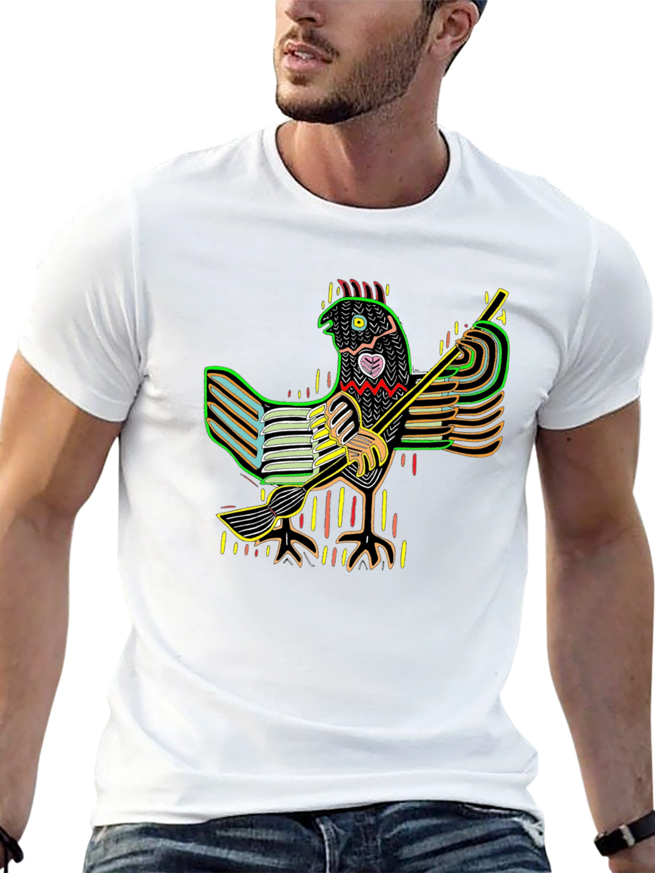 Vibrant Folk Art Chicken Graphic Tee - Black