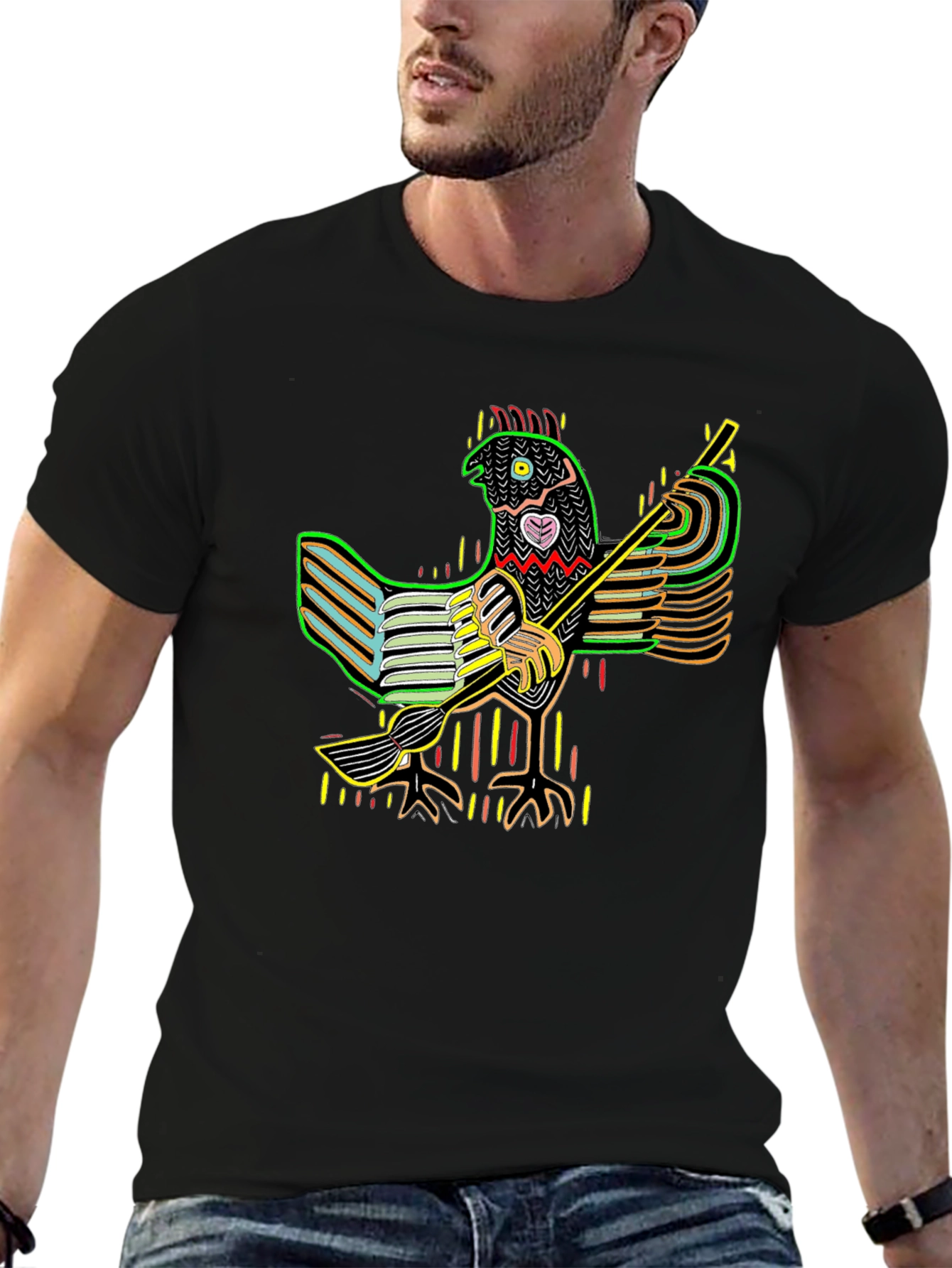 Vibrant Folk Art Chicken Graphic Tee - Black