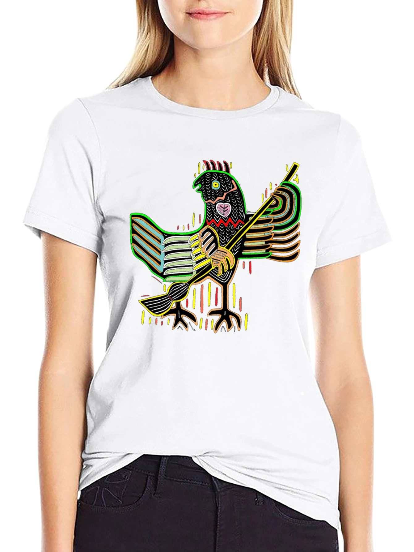 Vibrant Folk Art Chicken Graphic Tee - Black