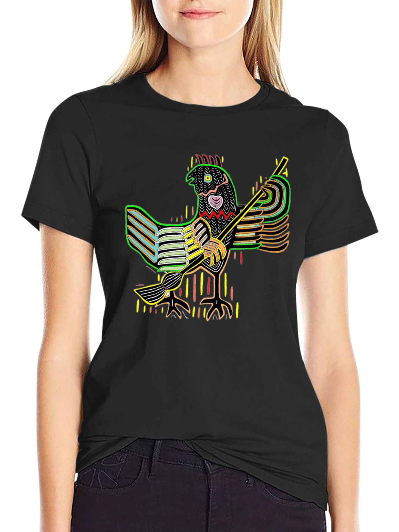 Vibrant Folk Art Chicken Graphic Tee - Black