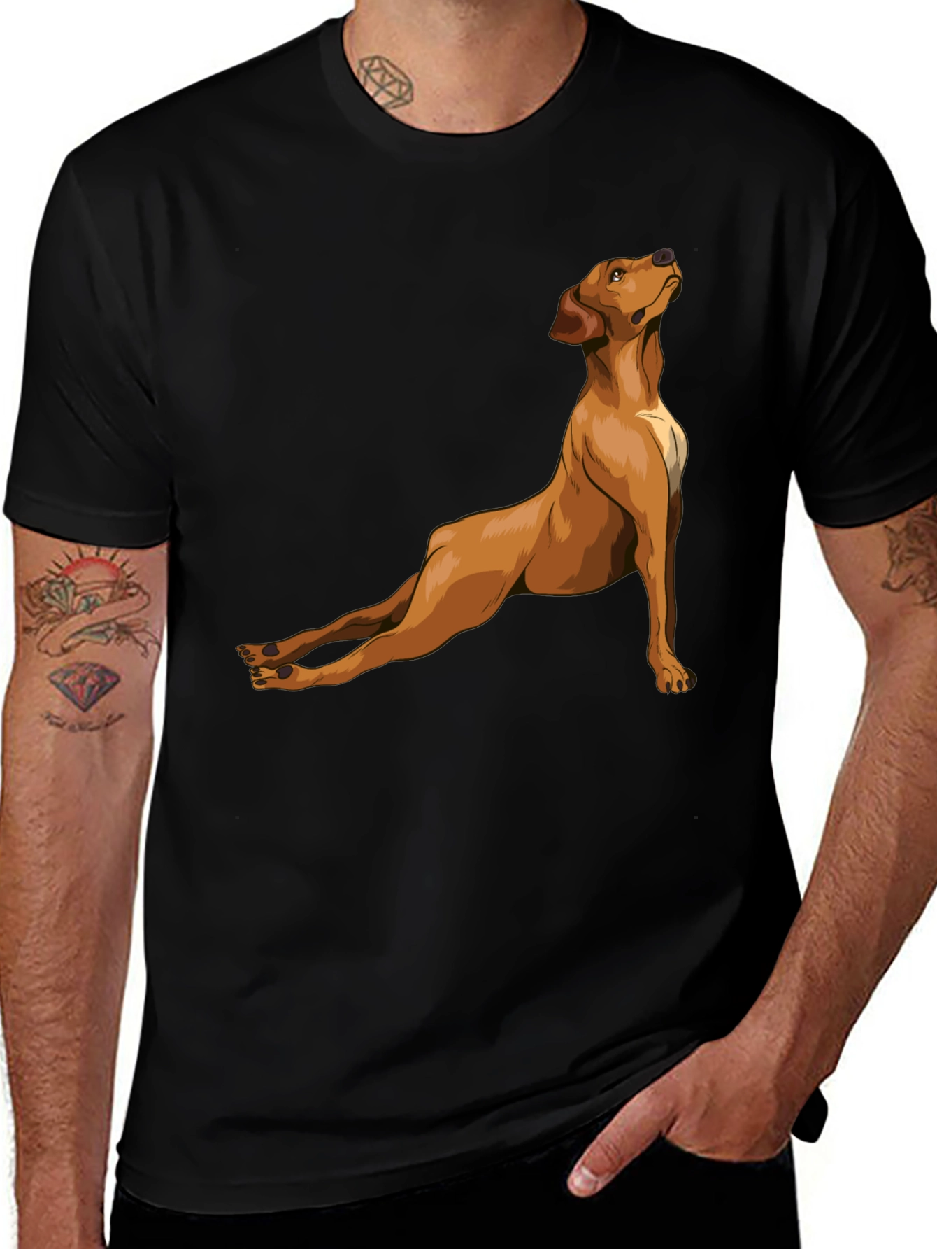 Dog Yoga Pose Graphic Tee - Black Cotton T-Shirt