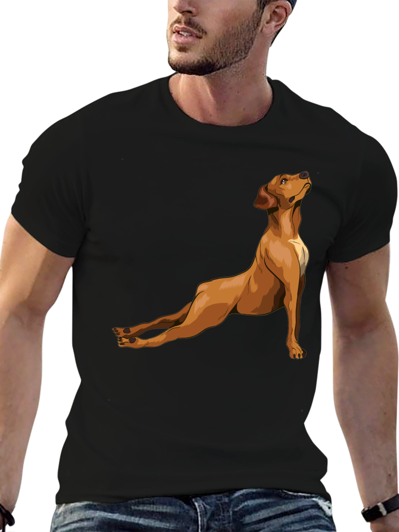 Dog Yoga Pose Graphic Tee - Black Cotton T-Shirt