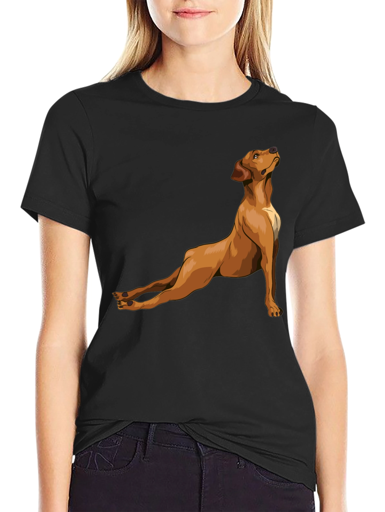Dog Yoga Pose Graphic Tee - Black Cotton T-Shirt