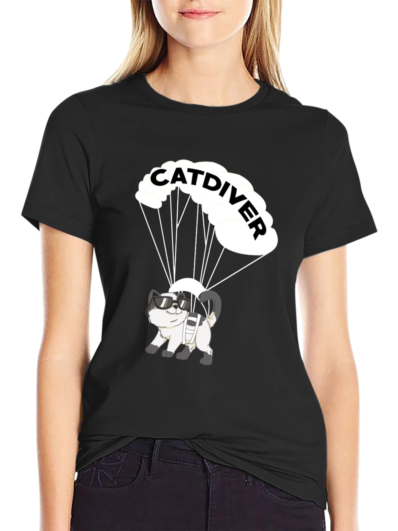 Catdiver T-Shirt: Skydiving Cat in Sunglasses