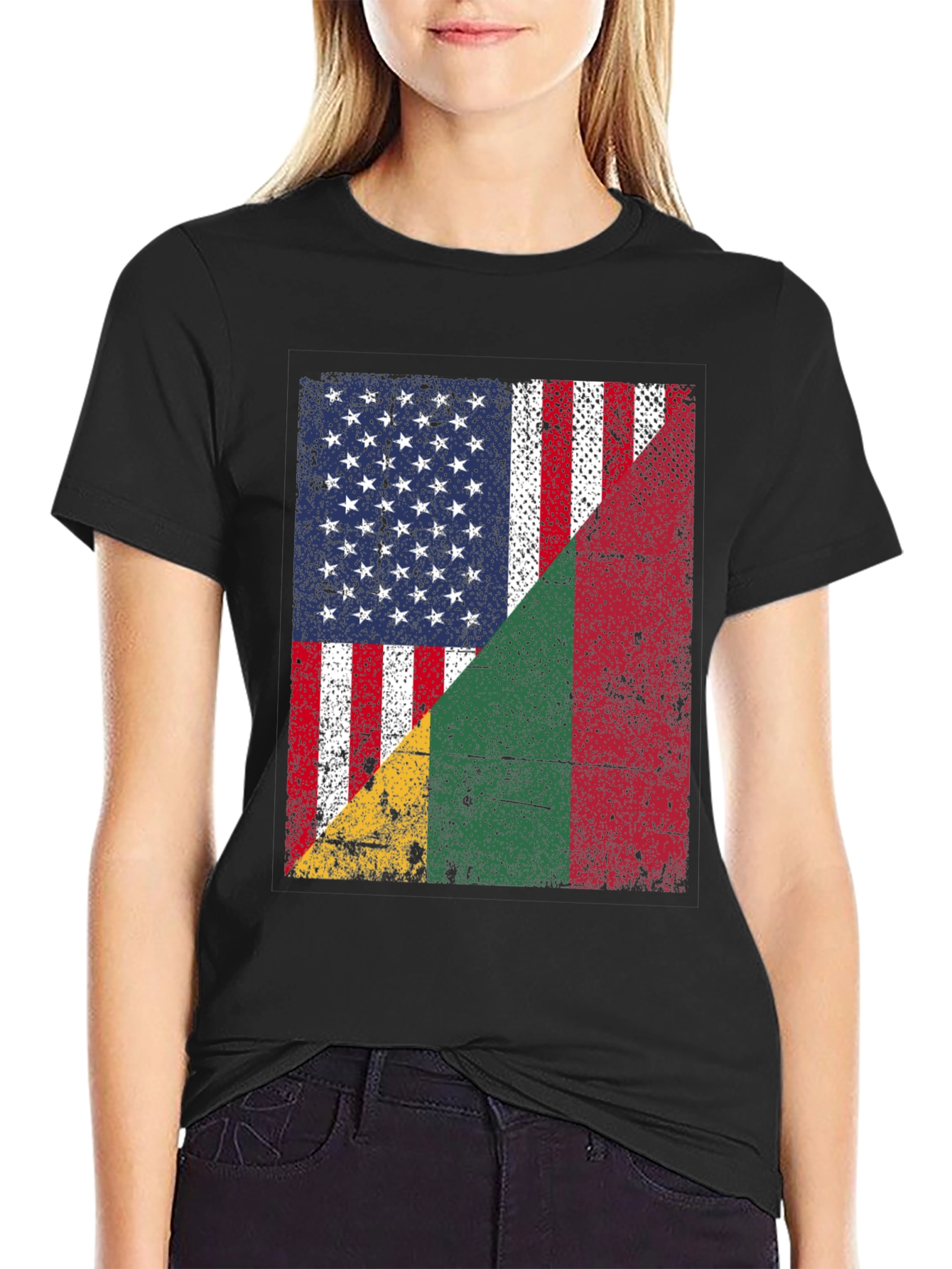 USA & Benin Flag Distressed Graphic T-Shirt