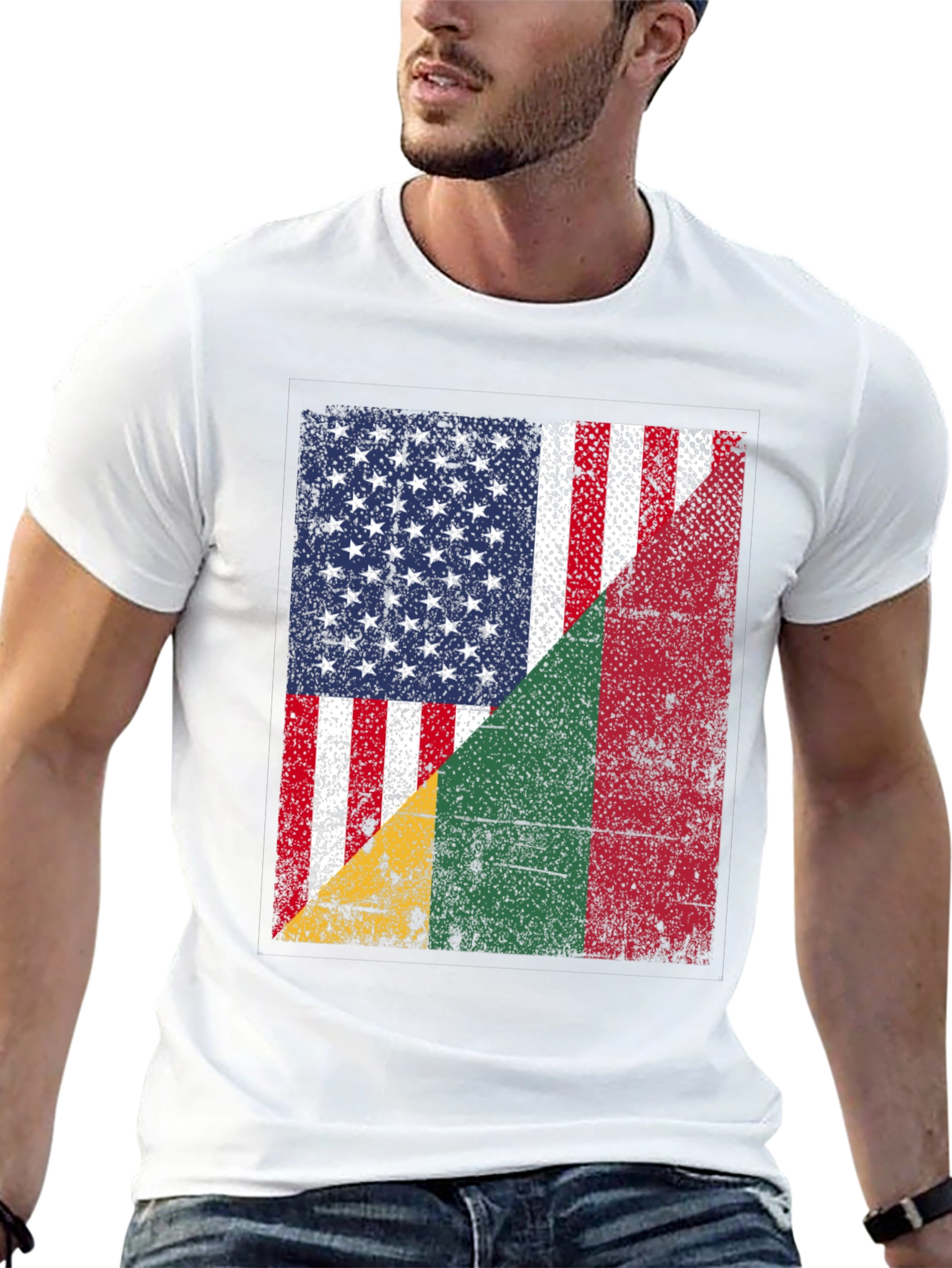 USA & Benin Flag Distressed Graphic T-Shirt