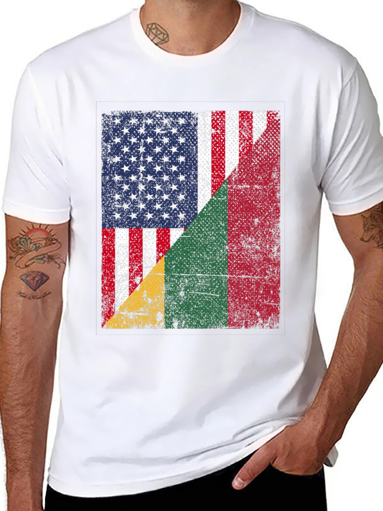 USA & Benin Flag Distressed Graphic T-Shirt