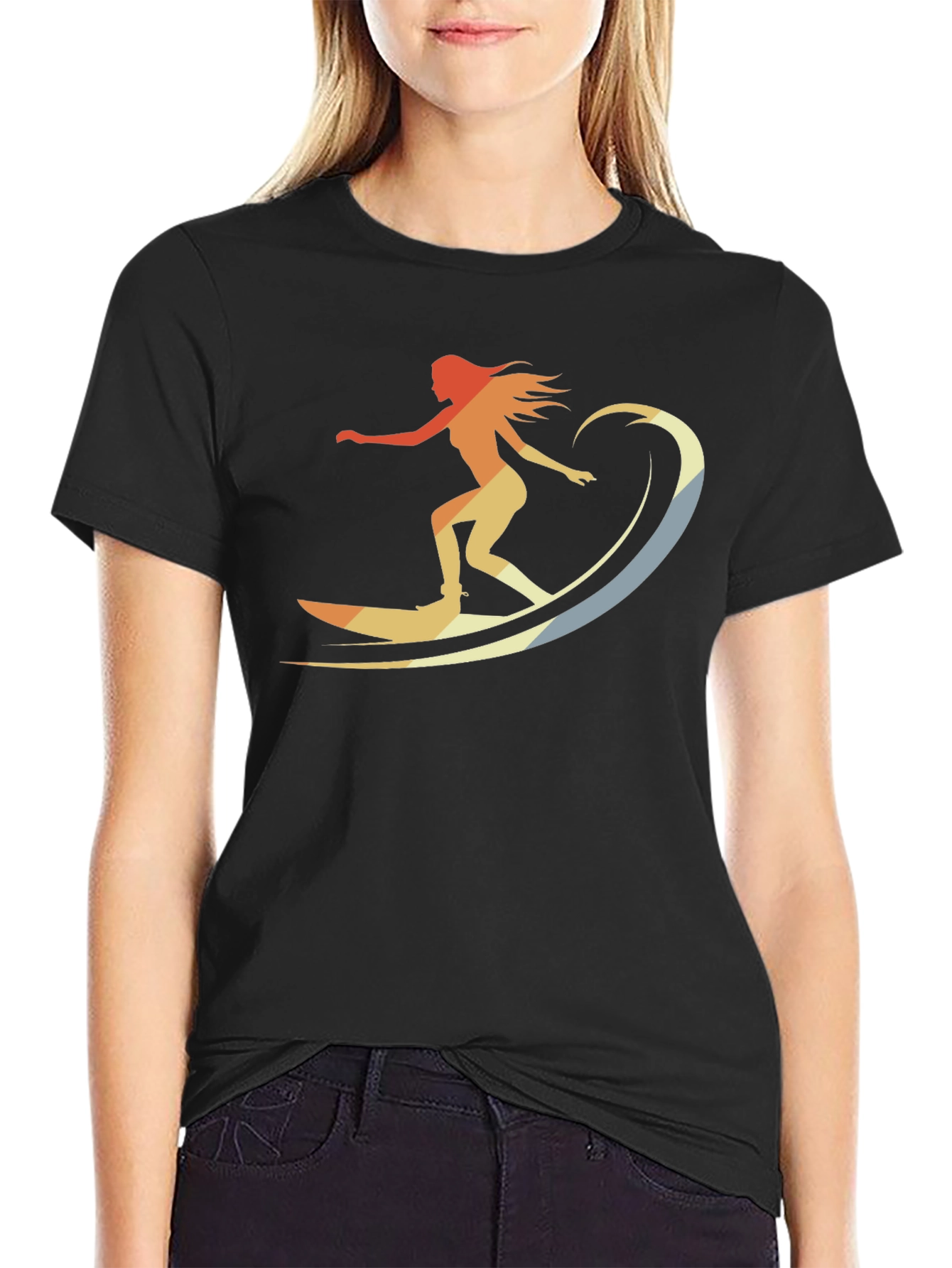 Retro Surfer Girl Graphic Tee - Black