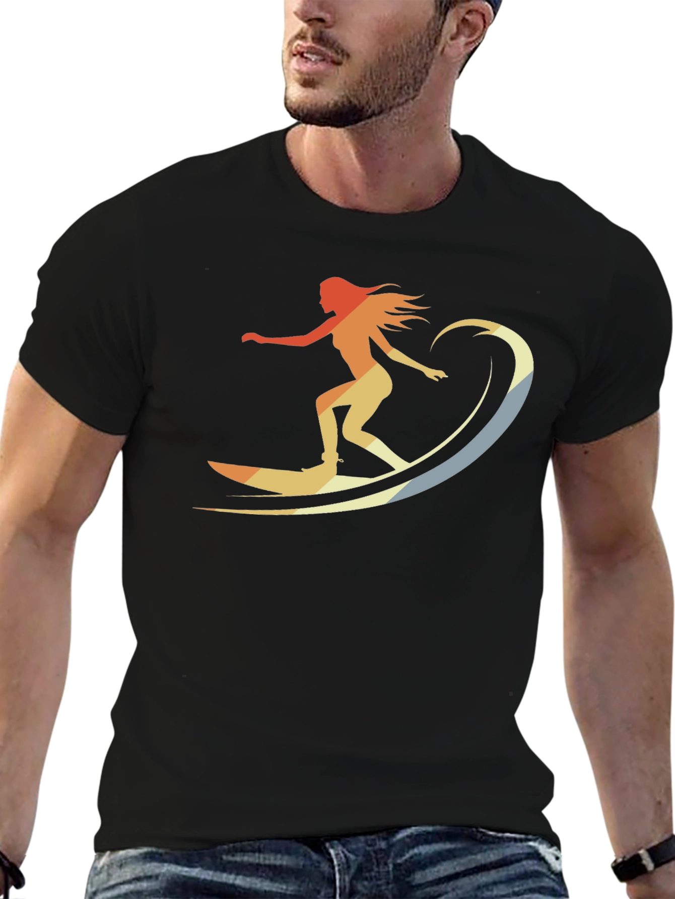 Retro Surfer Girl Graphic Tee - Black