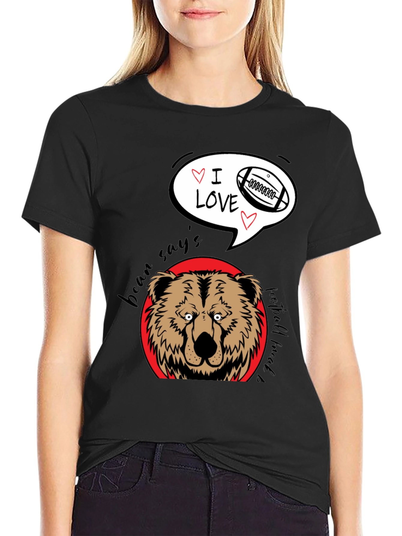 Bear Says I Love Football Black Graphic Tee