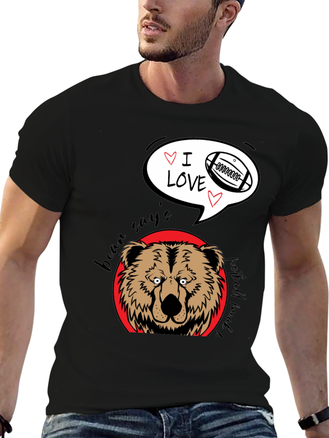 Bear Says I Love Football Black Graphic Tee