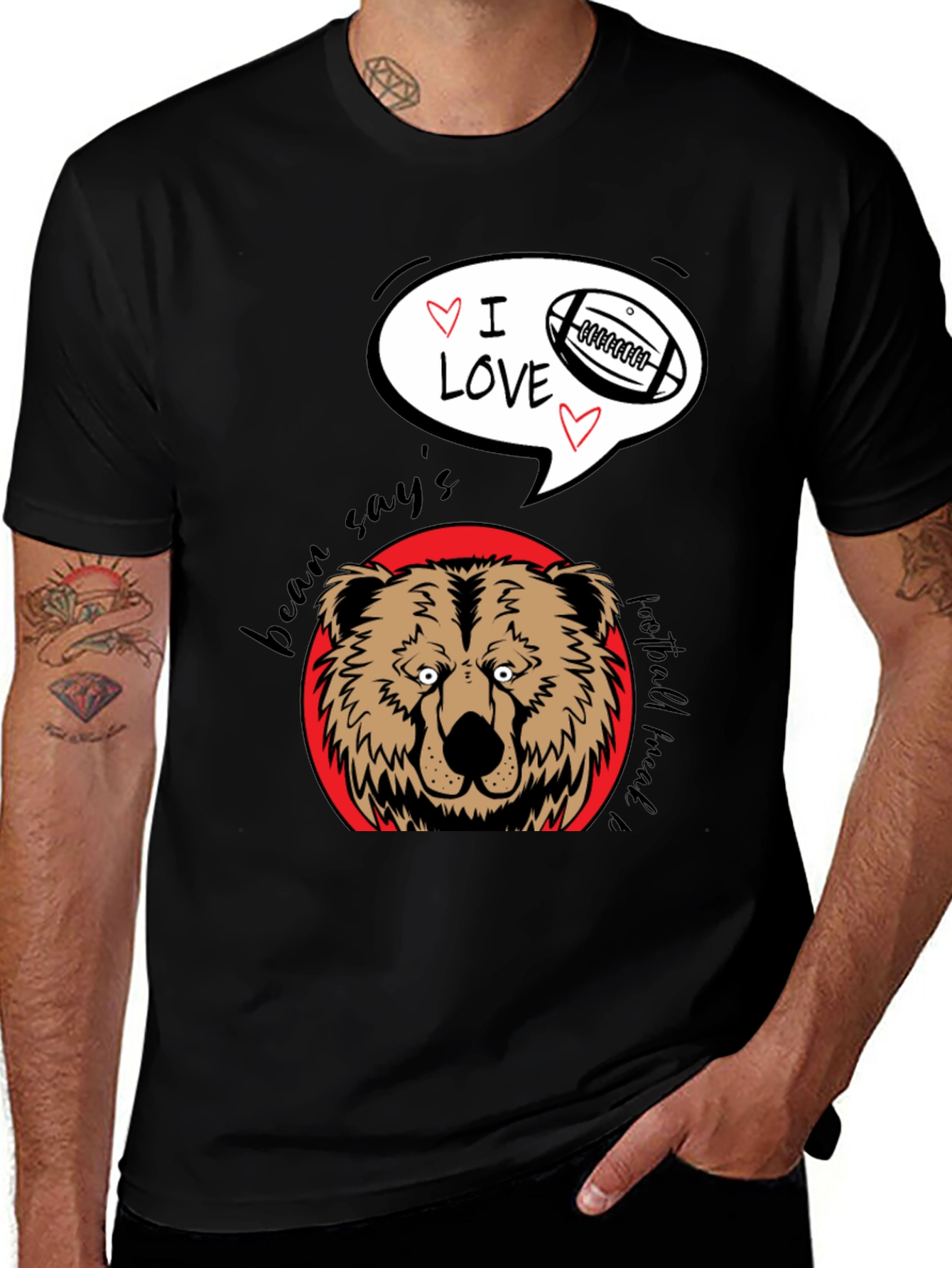 Bear Says I Love Football Black Graphic Tee