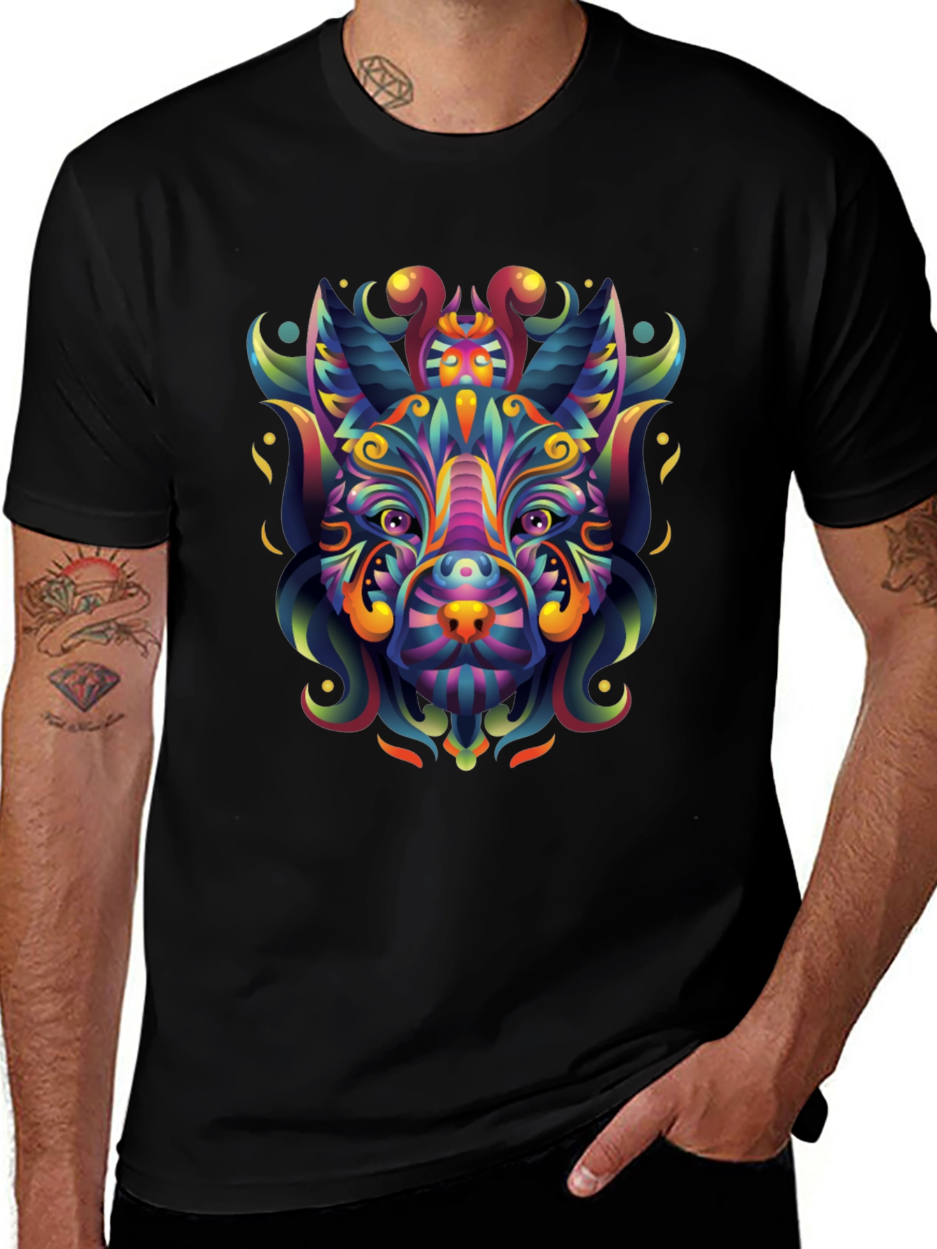 Psychedelic Animal Graphic Tee - Mens Black T-Shirt