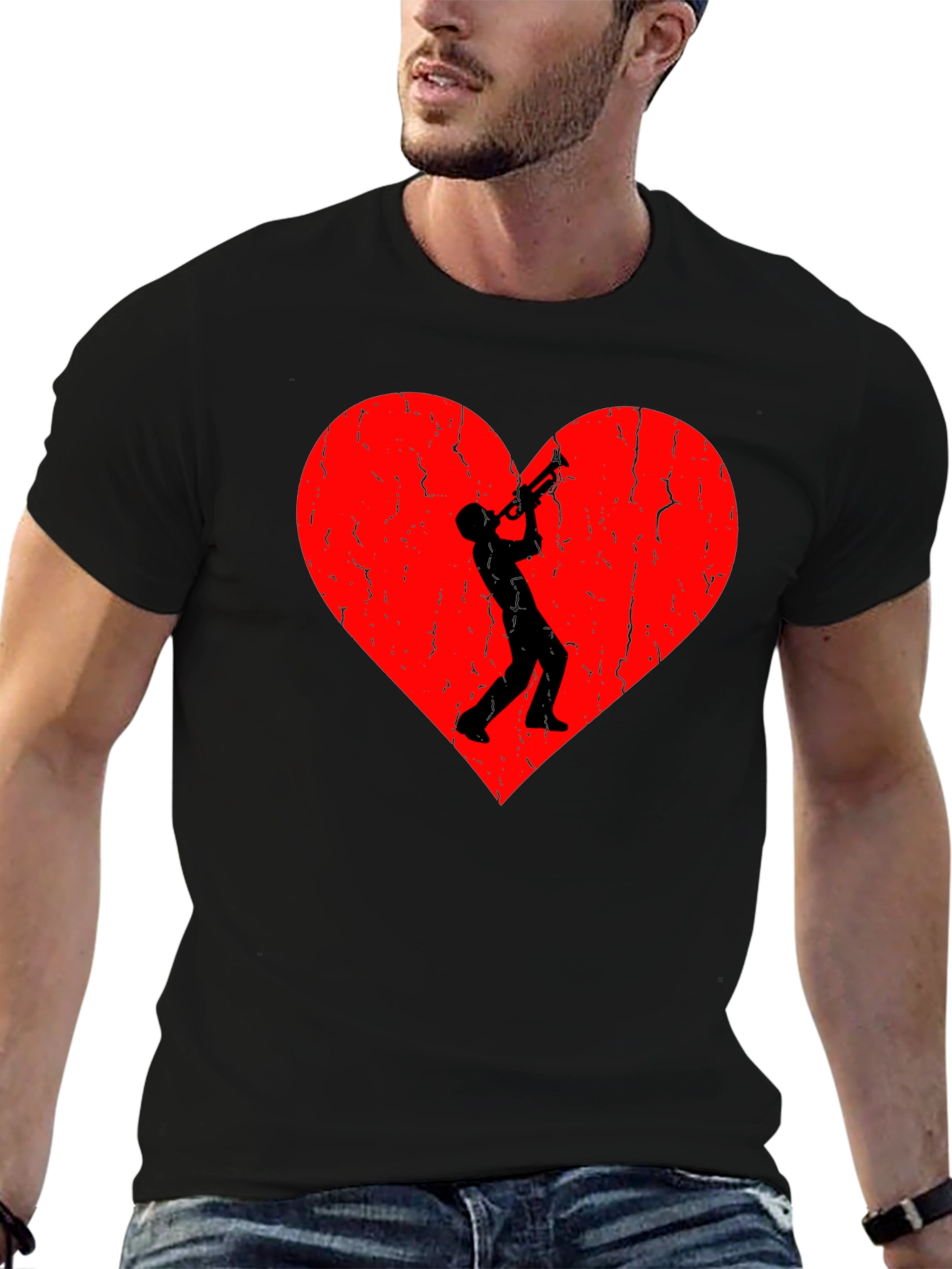 Trumpet Heart Graphic Tee - Black Casual T-Shirt