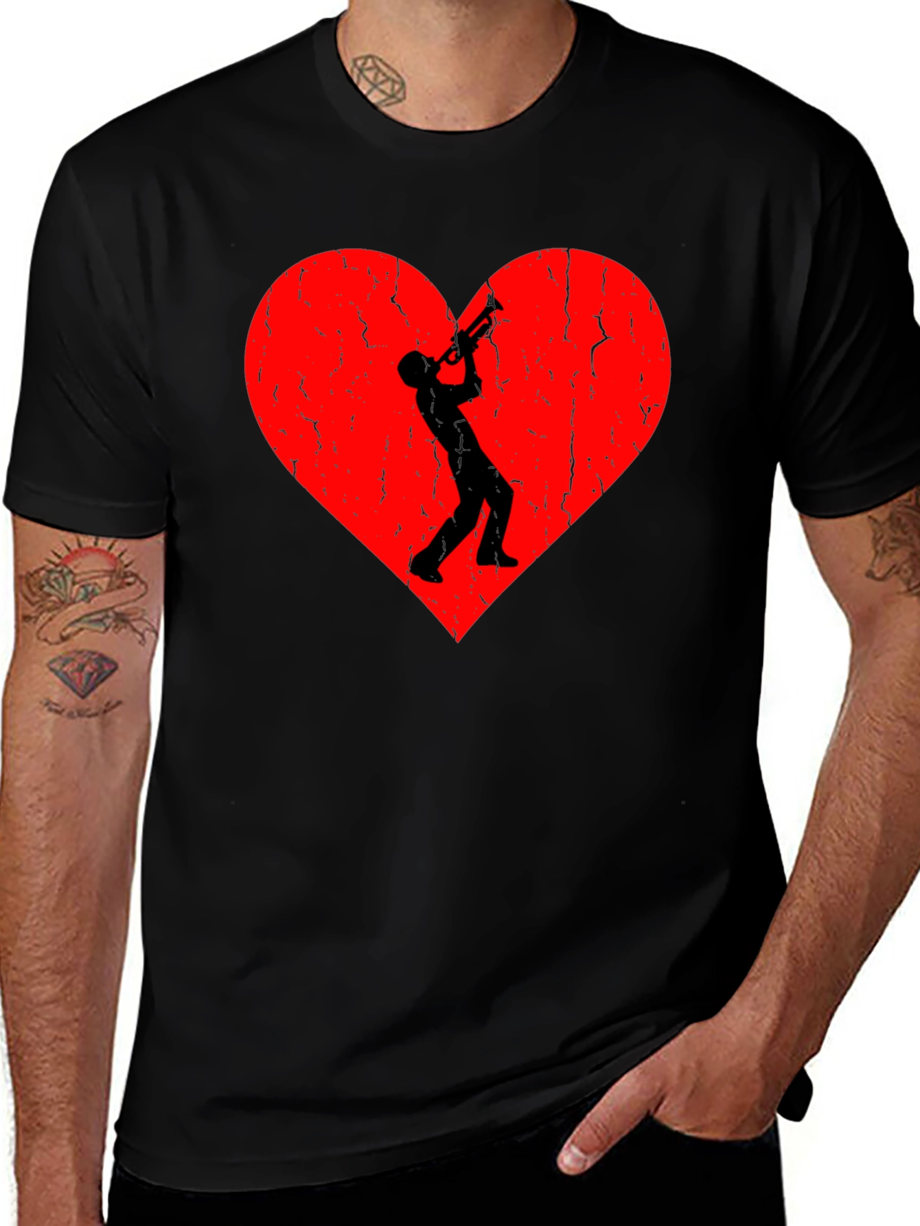Trumpet Heart Graphic Tee - Black Casual T-Shirt