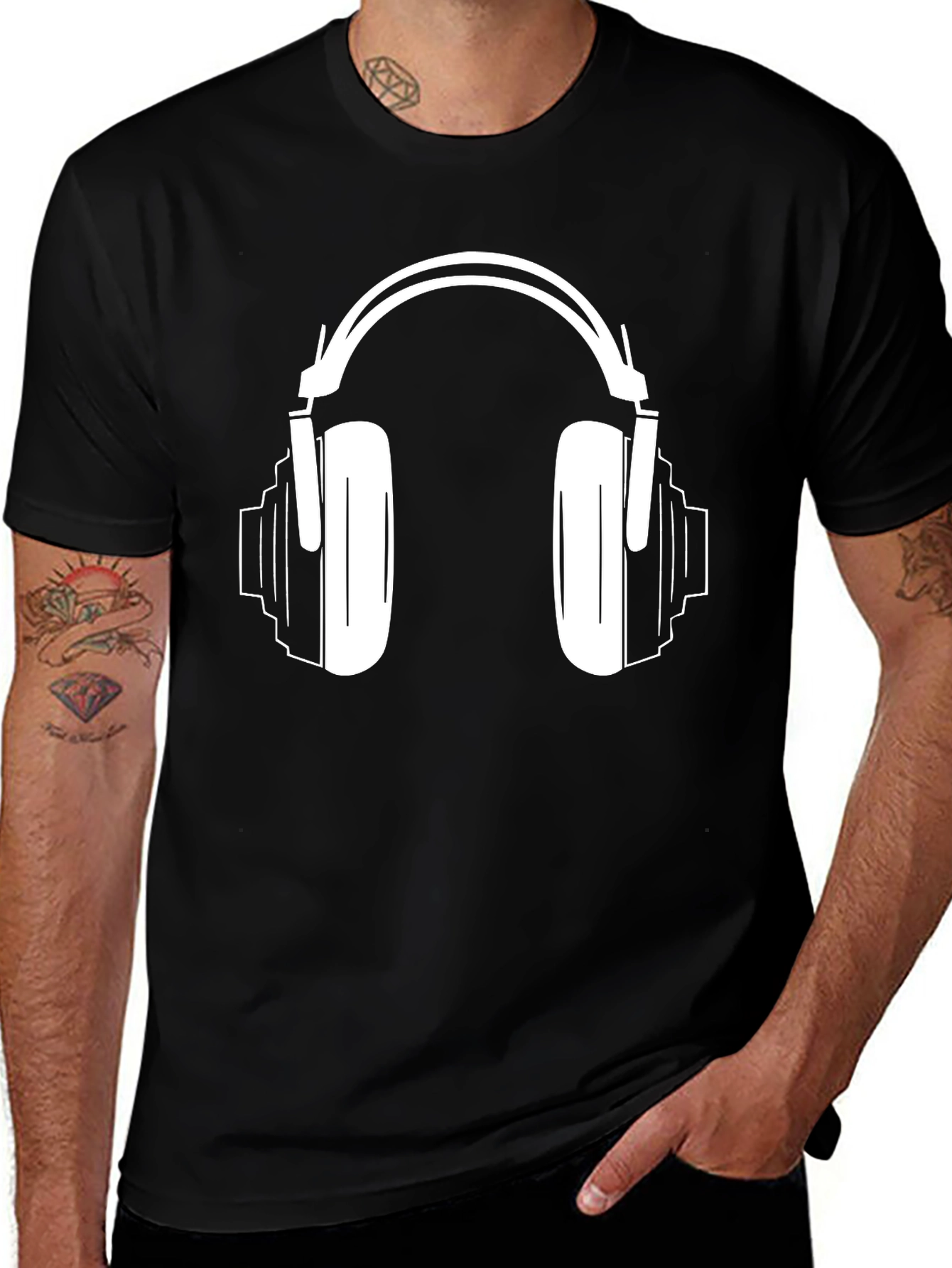 Cool Black Graphic Tee - Headphones Design