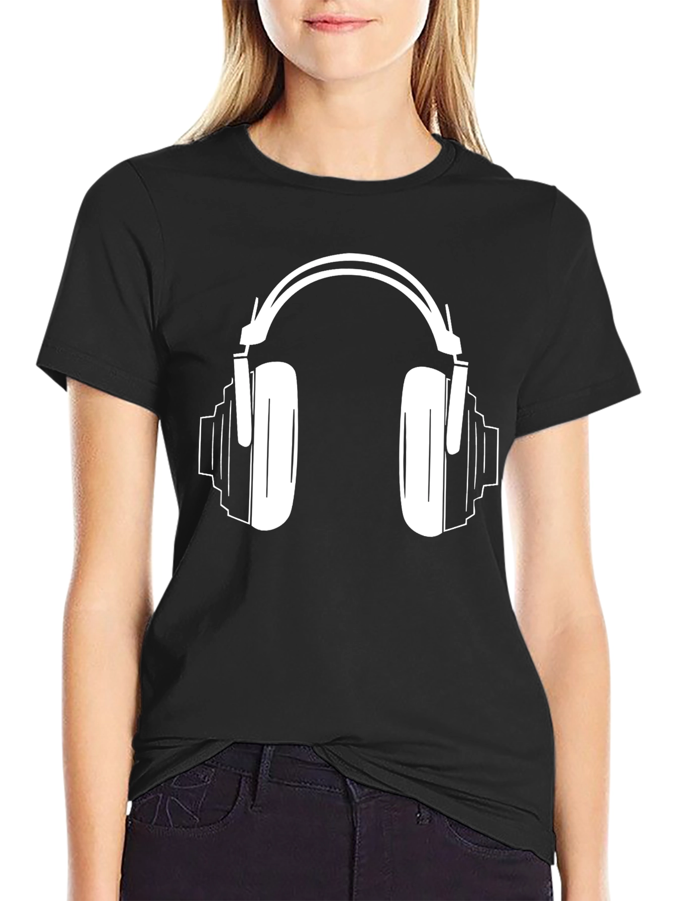 Cool Black Graphic Tee - Headphones Design