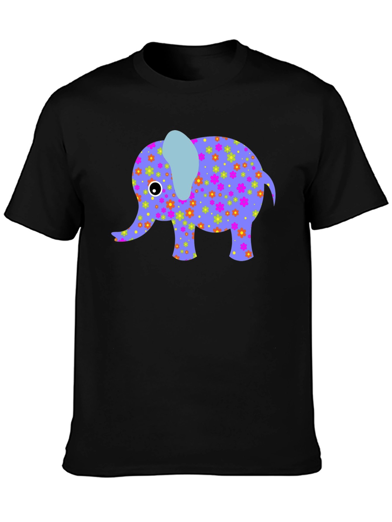Elephant Floral Print Mens Black T-Shirt