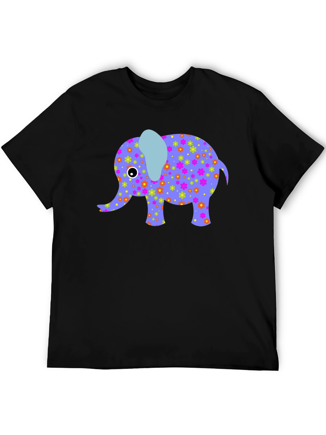 Elephant Floral Print Mens Black T-Shirt