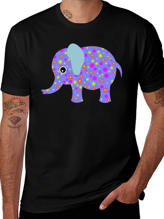 Elephant Floral Print Mens Black T-Shirt