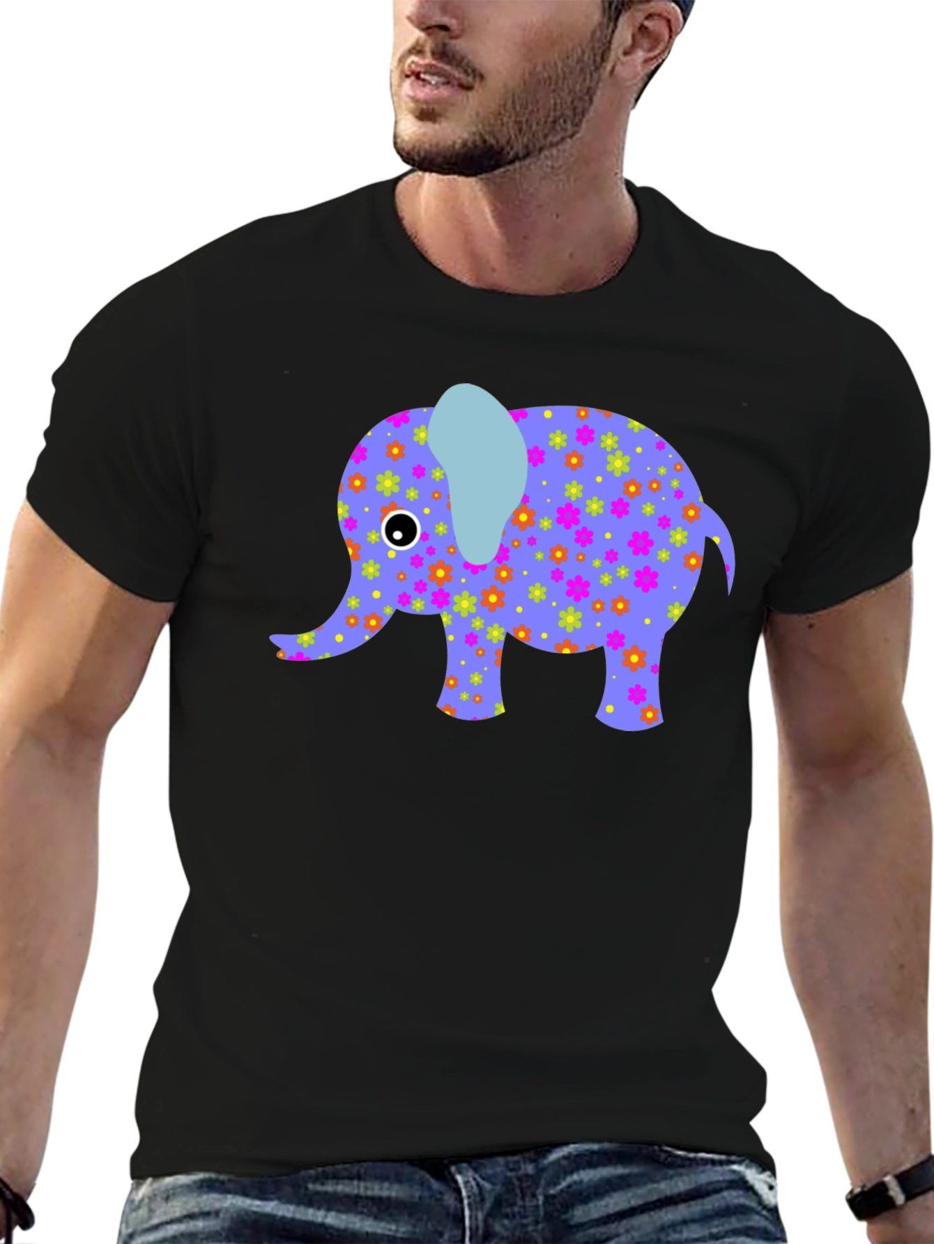 Elephant Floral Print Mens Black T-Shirt