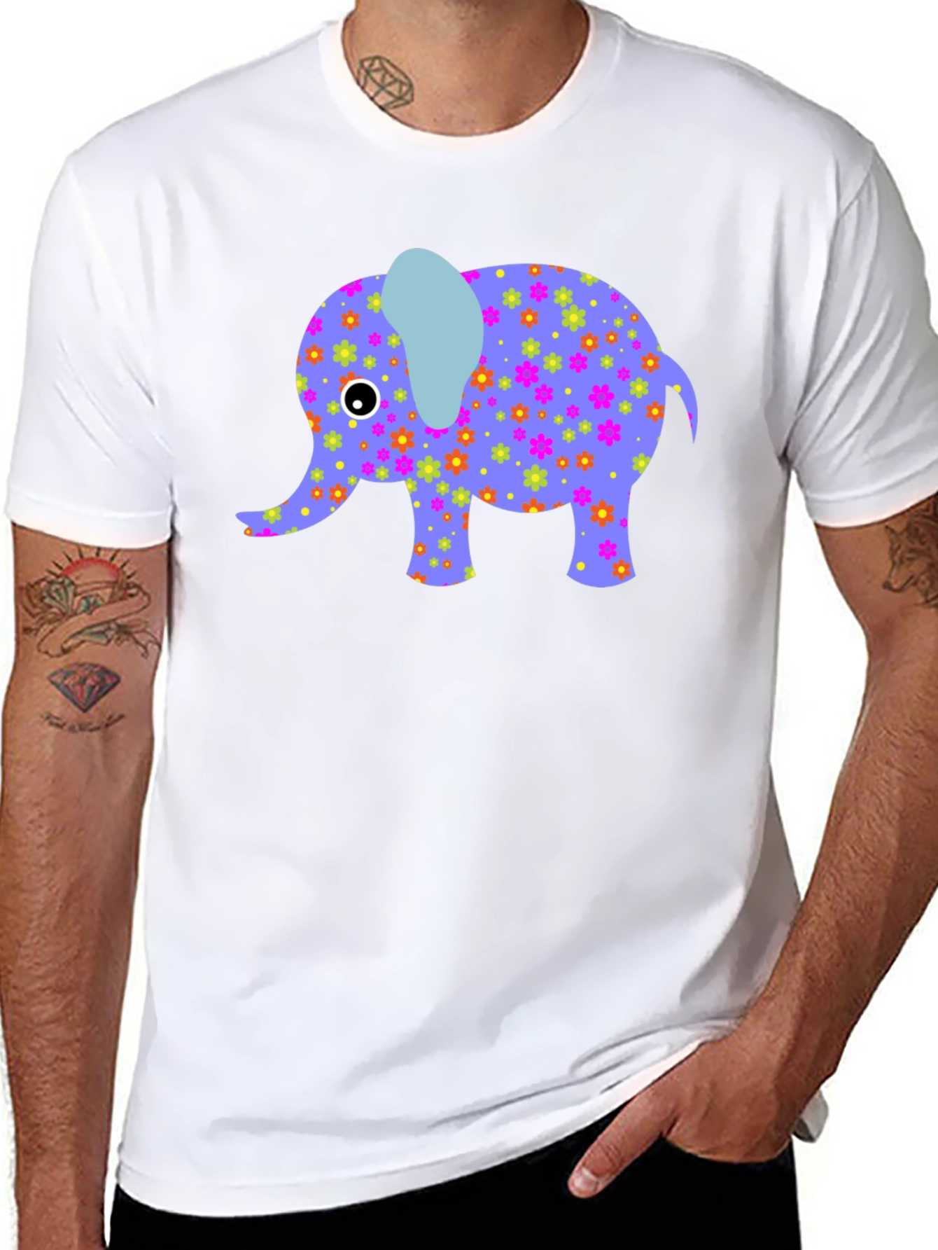 Elephant Floral Print Mens Black T-Shirt