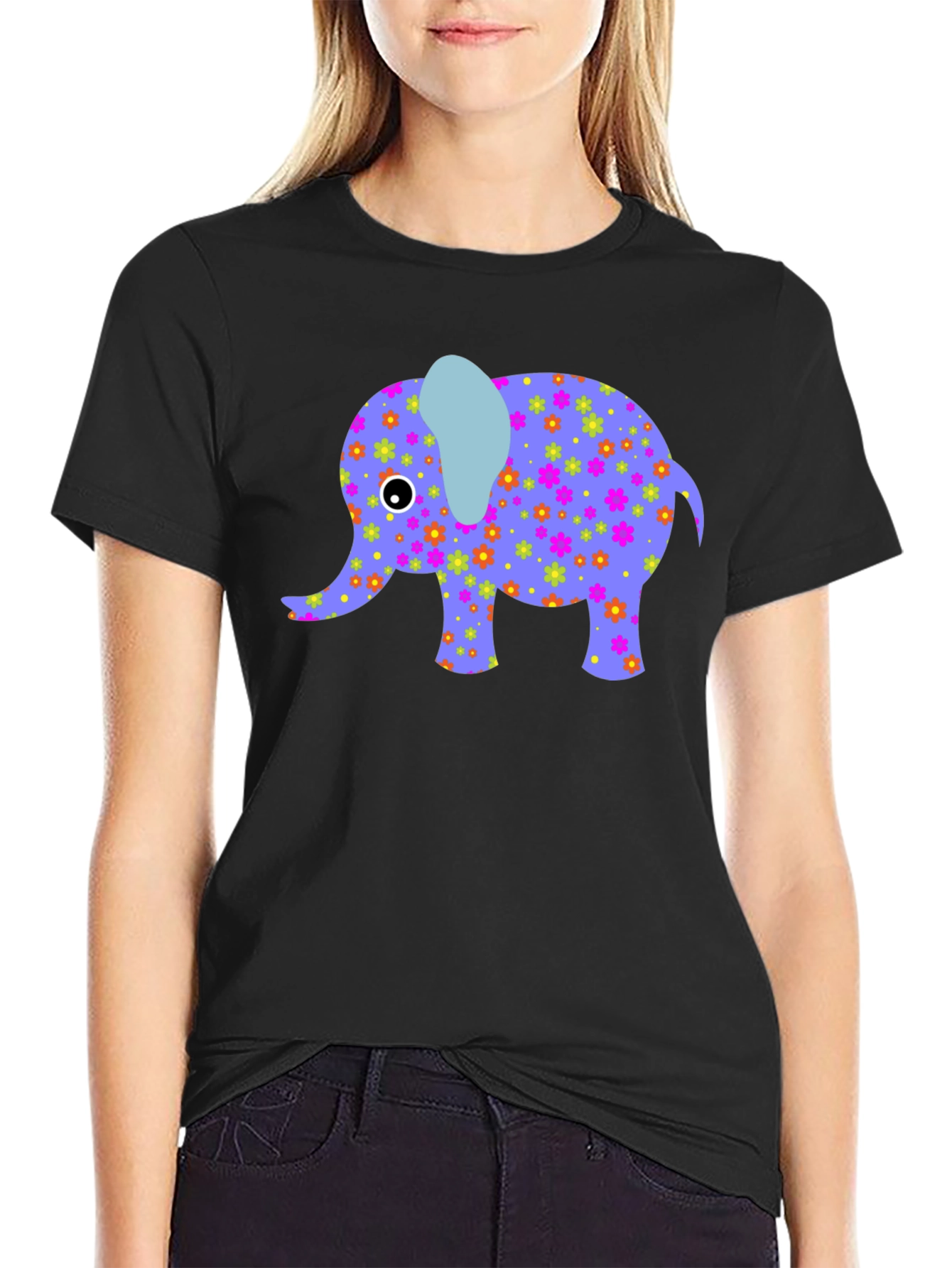 Elephant Floral Print Mens Black T-Shirt