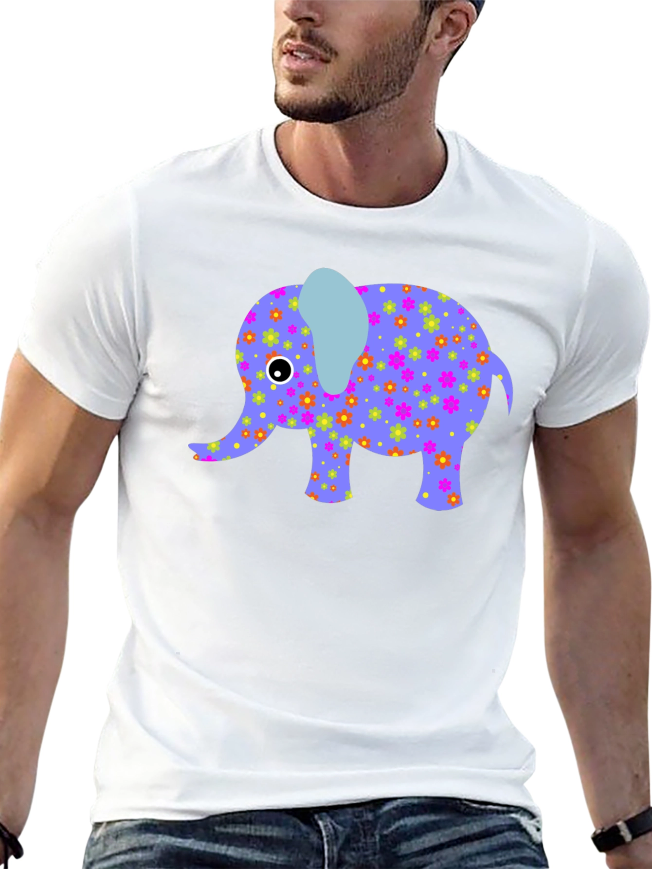 Elephant Floral Print Mens Black T-Shirt
