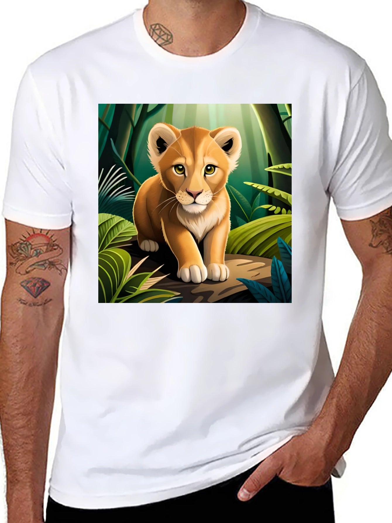 Cute Lion Cub in Jungle Black T-Shirt