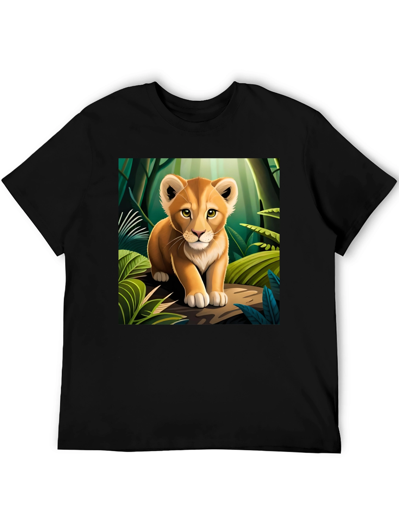 Cute Lion Cub in Jungle Black T-Shirt