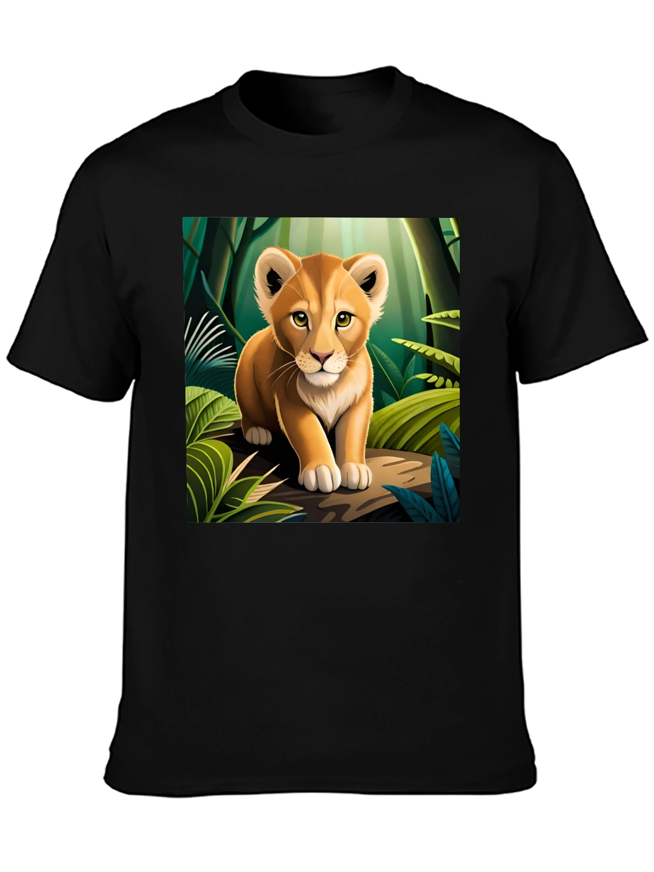 Cute Lion Cub in Jungle Black T-Shirt